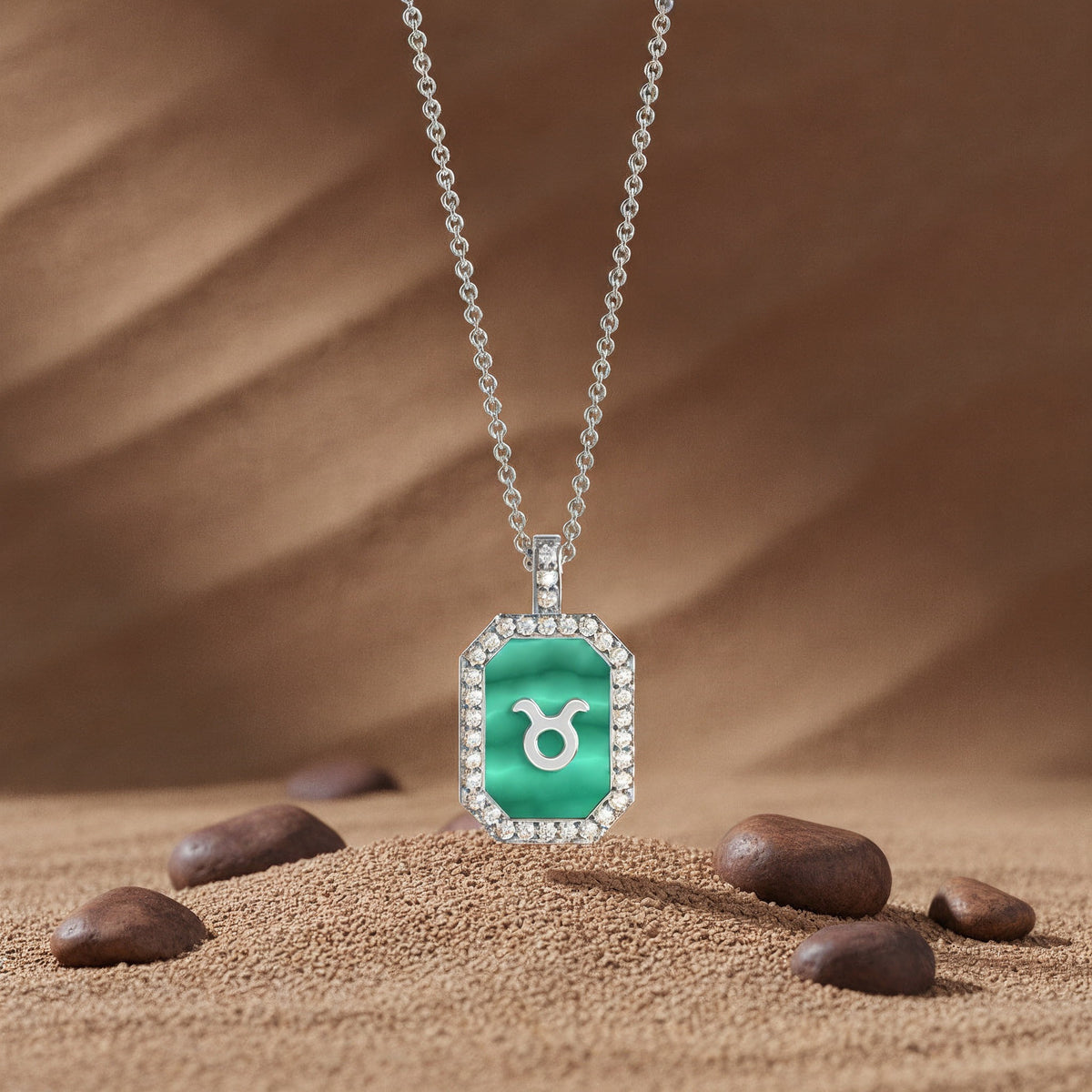 Rhodium Plated Silver Malachite Zodiac & Initial Necklace – Octagon