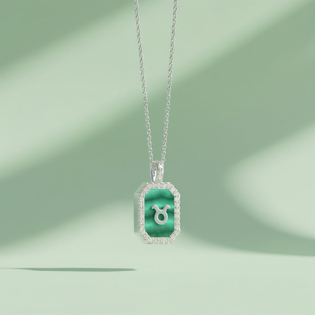 Rhodium Plated Silver Malachite Zodiac & Initial Necklace – Octagon