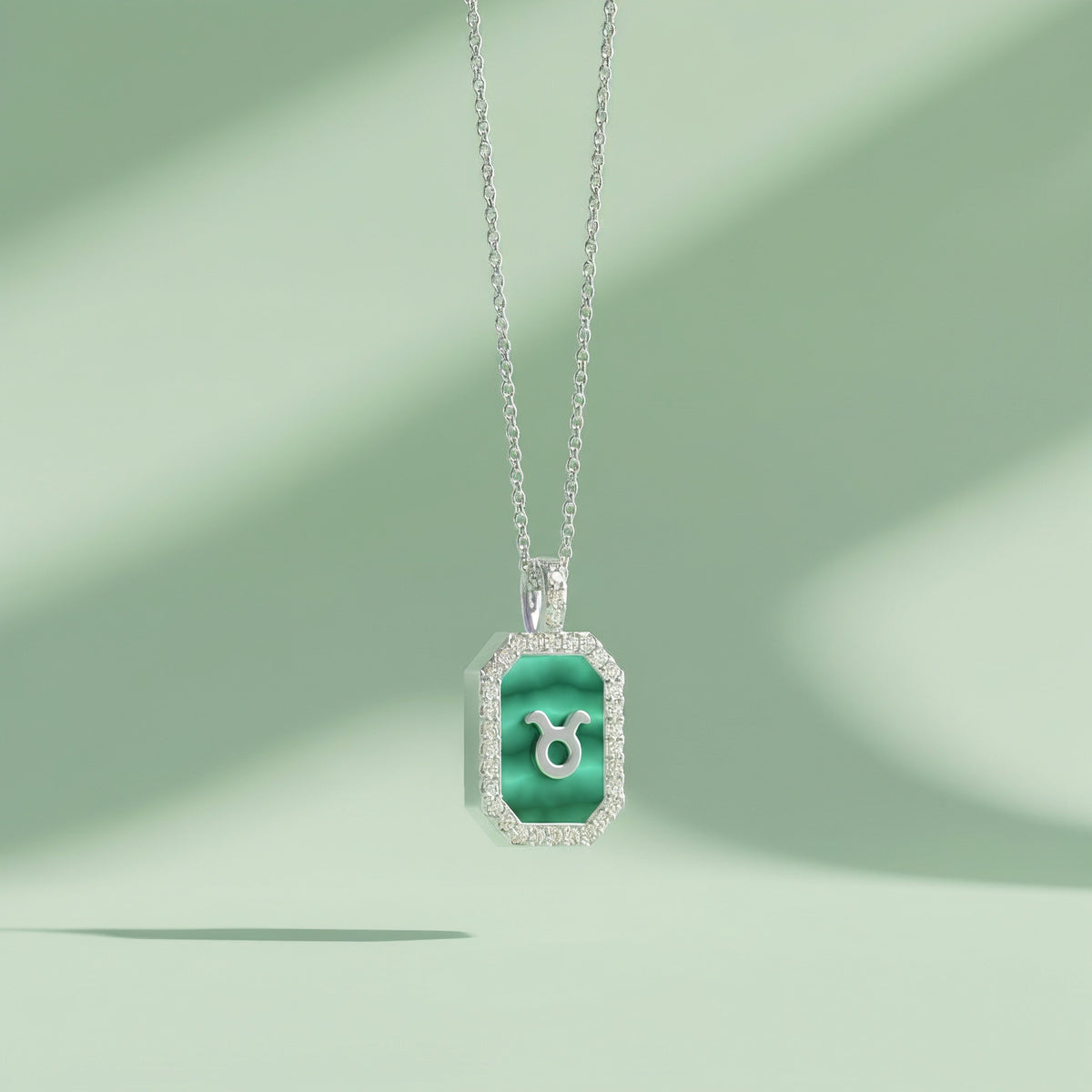 Rhodium Plated Silver Malachite Zodiac & Initial Necklace – Octagon