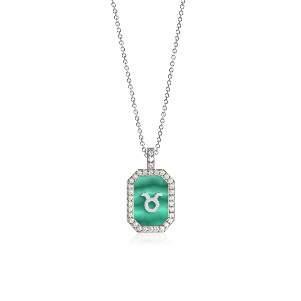 Rhodium Plated Silver Malachite Zodiac & Initial Necklace – Octagon