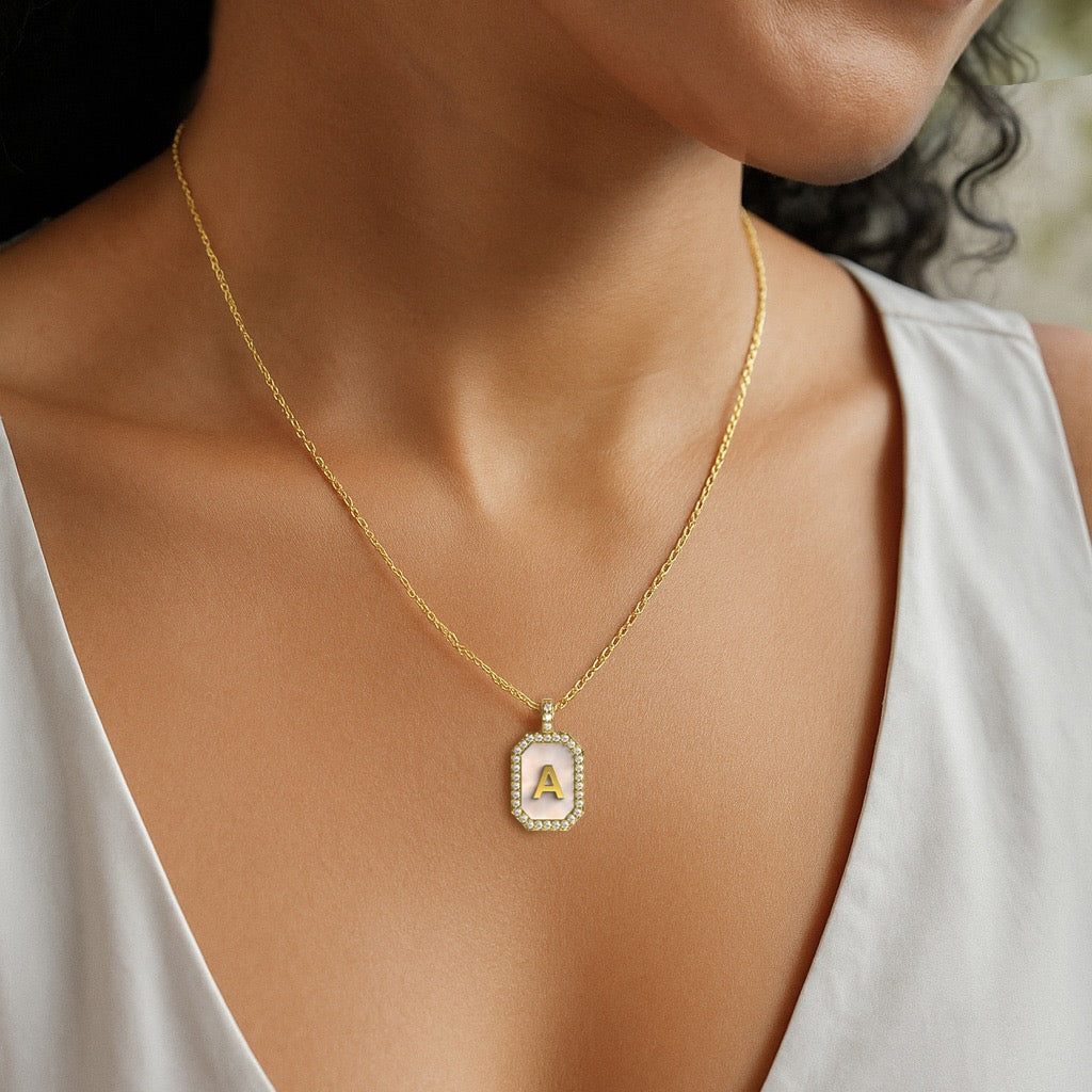 18k Gold Plated Silver Pearl Initial Zodiac & Initial Gemstone Pendant Necklace – Octagon